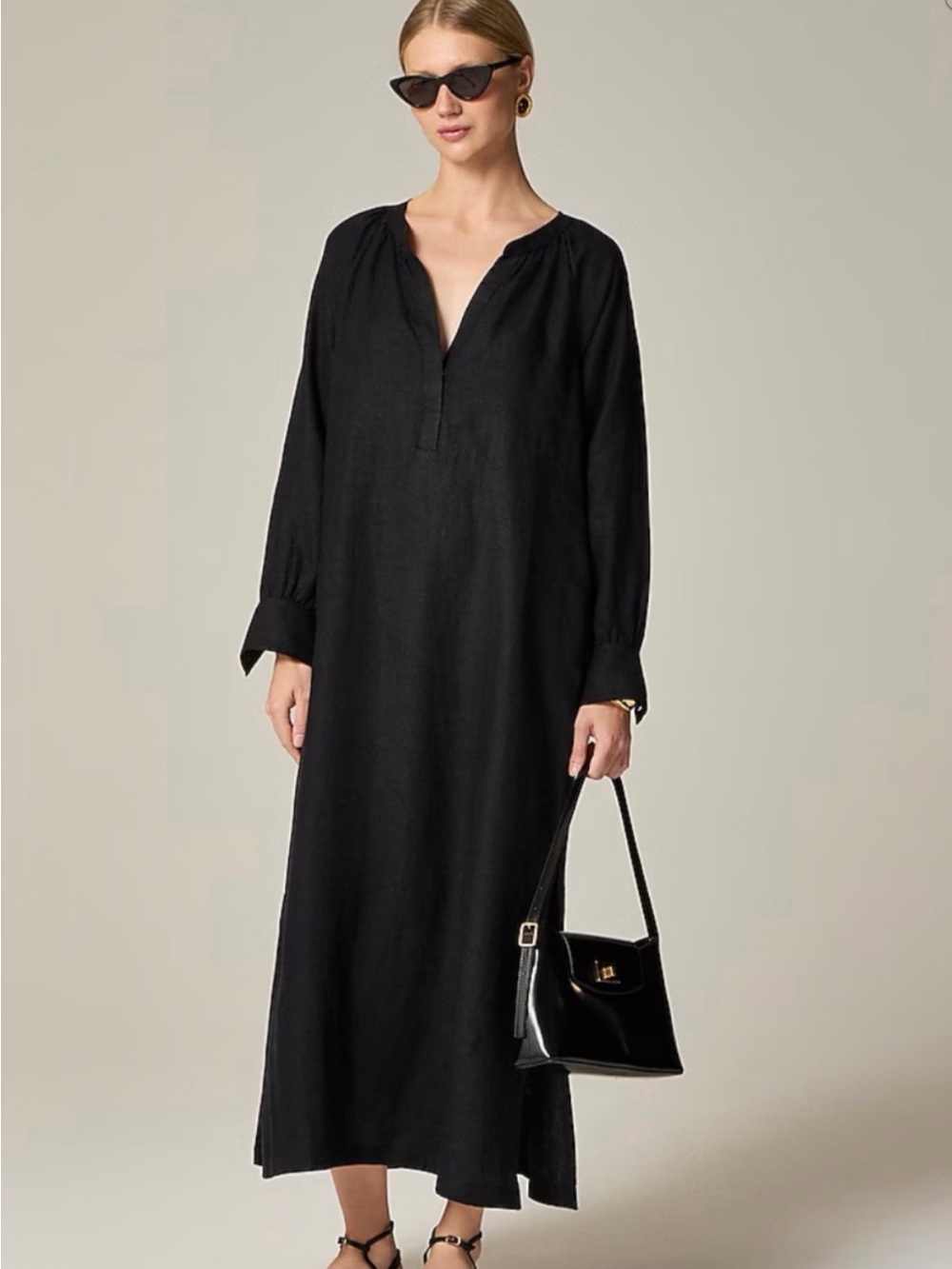 J. Crew Black Long-Sleeve Cabana Maxi Dress in Linen #321